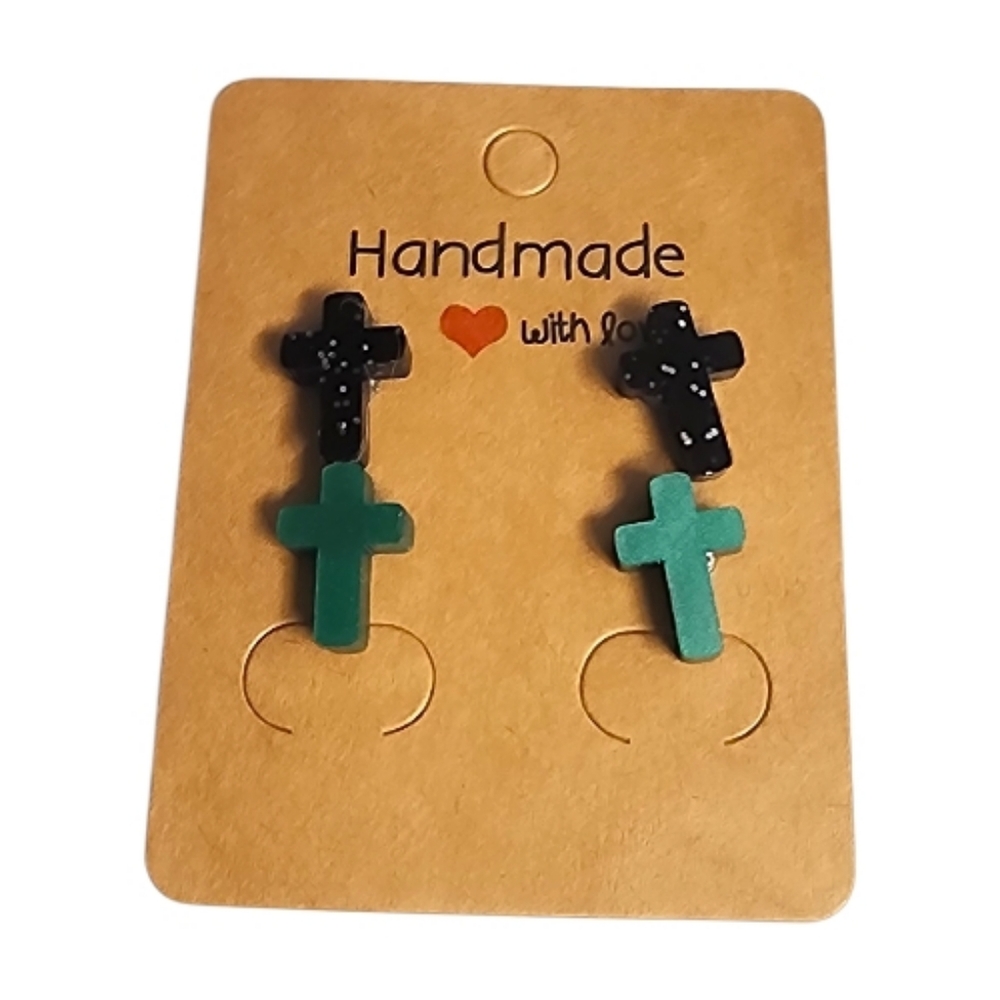 Midnight & Emerald Cross Acrylic Stud Earrings - 2 Pair